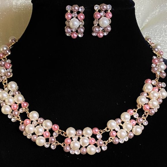 💖Pearl Necklace set. Faux White, Pink, Mauve Pearls & Rhinestones 18-1/2 /NS202 - Picture 2 of 4